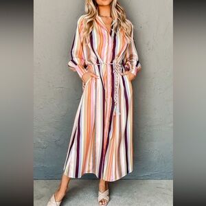Colorful Striped Cuffed Sleeve Tassel Tie Maxi Dress